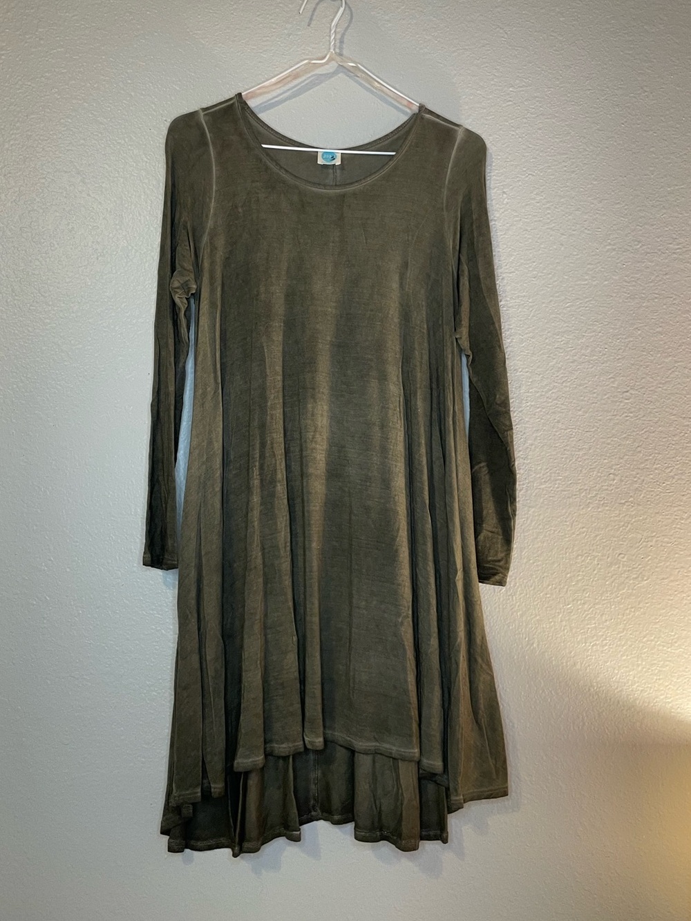 Long Sleeve Flowy Swing Dress in Olive Green- Brown